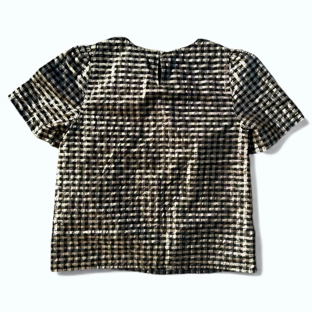 J.Crew Gold Lurex Gingham Puff-Sleeve Metallic Top Women’s Size S